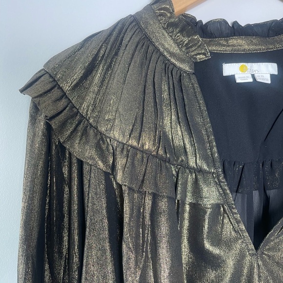 Boden | Gold Metallic Ruffle Collared Blouse Lightweight Top Party Event - Picture 6 of 8